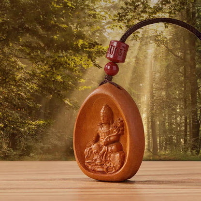 Mythstone Peach Wood Cinnabar Om Mani Padme Hum Chinese Zodiac Black String Necklace Pendants