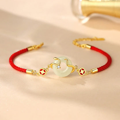 Pulsera de plata de ley 925 con hebilla de la paz, calcedonia, jade hetiano y piedra mítica, hilo rojo, año de la serpiente