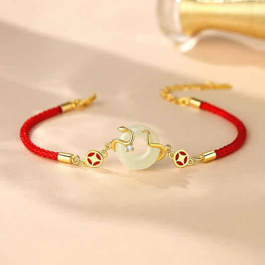 Mythstone Hetian Jade Chalcedony Peace Buckle Coin 925 Sterling Silver Year Of The Snake Red String Prosperity Bracelet