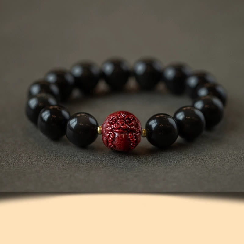 Mythstone Chinese Zodiac Natural Black Obsidian Cinnabar Purification Bracelet