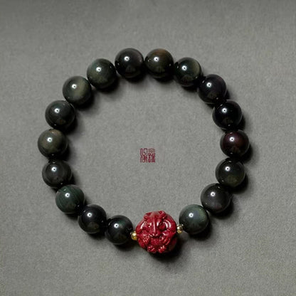 Mythstone Chinese Zodiac Natural Black Obsidian Cinnabar Purification Bracelet