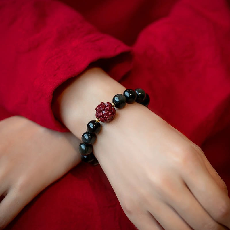 Mythstone Chinese Zodiac Natural Black Obsidian Cinnabar Purification Bracelet