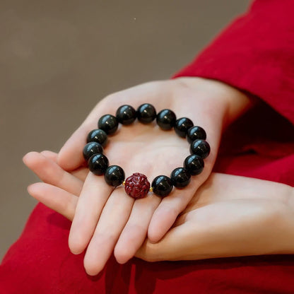 Mythstone Chinese Zodiac Natural Black Obsidian Cinnabar Purification Bracelet