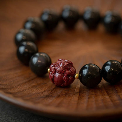 Mythstone Chinese Zodiac Natural Black Obsidian Cinnabar Purification Bracelet