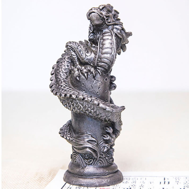 Mythstone Handmade Flying Dragon Around The Pillar Iron Powder Rust Cast Resin Statue Home Decoration