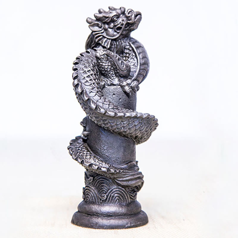 Mythstone Handmade Flying Dragon Around The Pillar Iron Powder Rust Cast Resin Statue Home Decoration