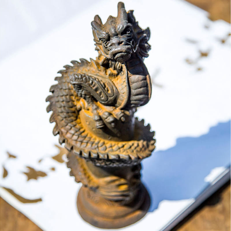 Mythstone Handmade Flying Dragon Around The Pillar Iron Powder Rust Cast Resin Statue Home Decoration