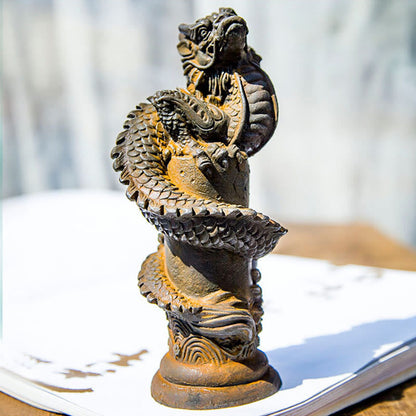 Mythstone Handmade Flying Dragon Around The Pillar Iron Powder Rust Cast Resin Statue Home Decoration