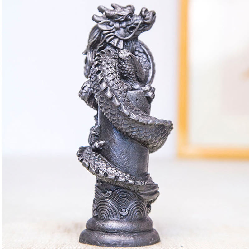 Mythstone Handmade Flying Dragon Around The Pillar Iron Powder Rust Cast Resin Statue Home Decoration