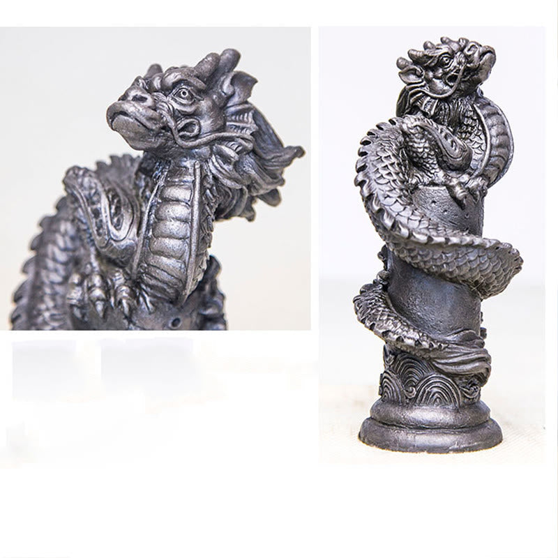 Mythstone Handmade Flying Dragon Around The Pillar Iron Powder Rust Cast Resin Statue Home Decoration