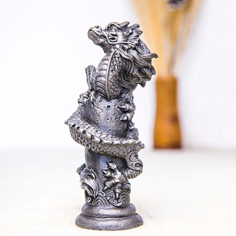 Mythstone Handmade Flying Dragon Around The Pillar Iron Powder Rust Cast Resin Statue Home Decoration