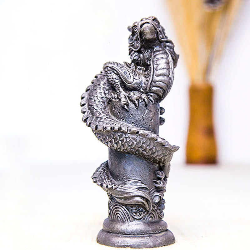 Mythstone Handmade Flying Dragon Around The Pillar Iron Powder Rust Cast Resin Statue Home Decoration