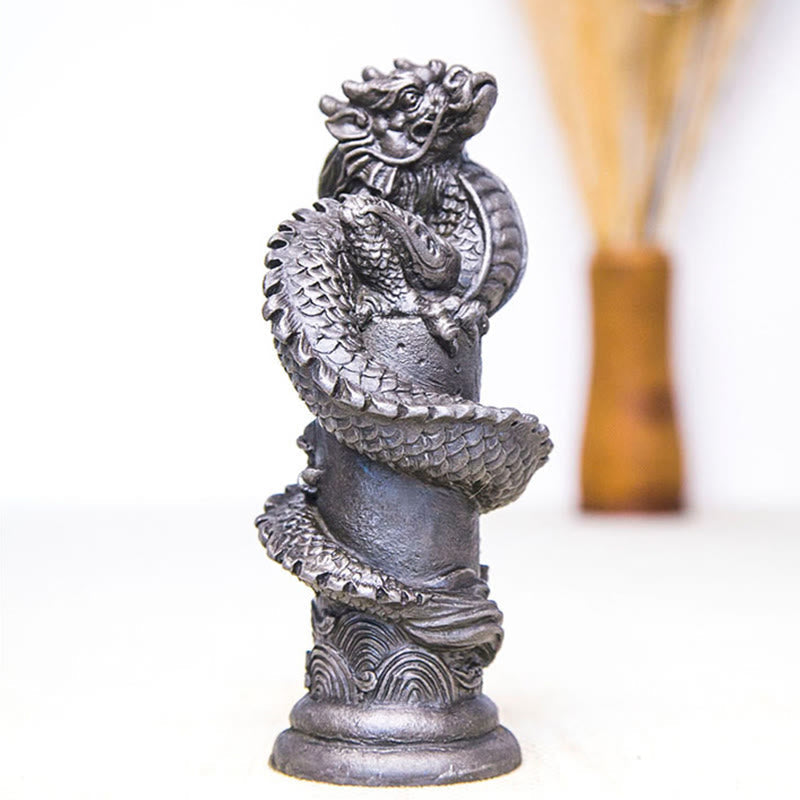 Mythstone Handmade Flying Dragon Around The Pillar Iron Powder Rust Cast Resin Statue Home Decoration