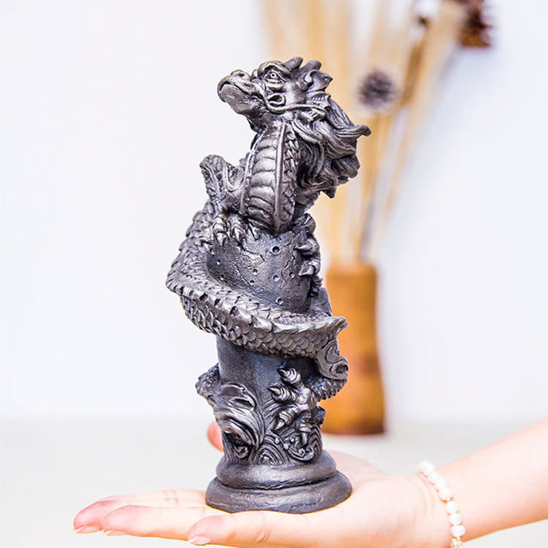 Mythstone Handmade Flying Dragon Around The Pillar Iron Powder Rust Cast Resin Statue Home Decoration