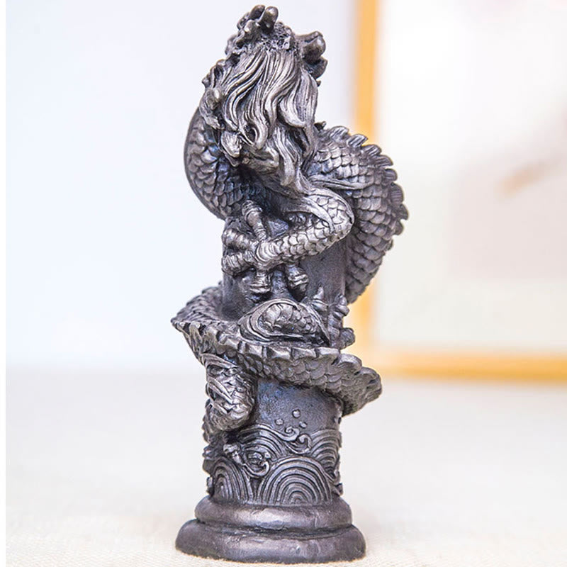 Mythstone Handmade Flying Dragon Around The Pillar Iron Powder Rust Cast Resin Statue Home Decoration