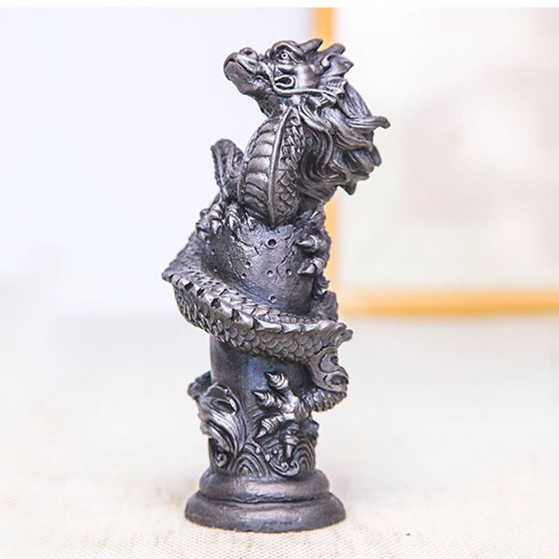 Mythstone Handmade Flying Dragon Around The Pillar Iron Powder Rust Cast Resin Statue Home Decoration