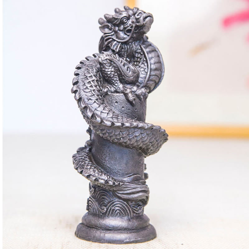 Mythstone Handmade Flying Dragon Around The Pillar Iron Powder Rust Cast Resin Statue Home Decoration