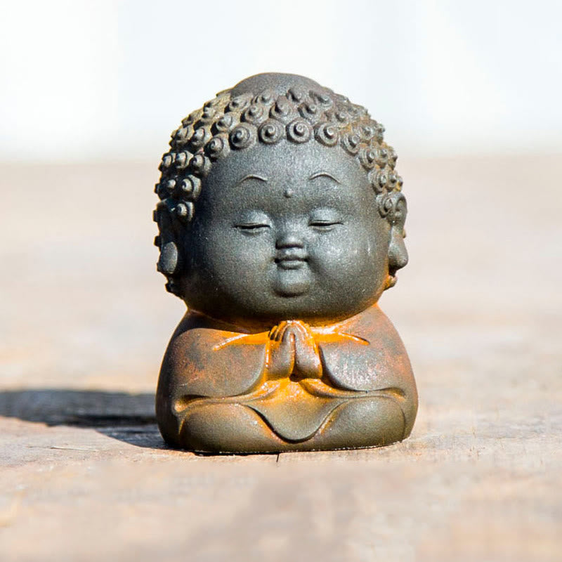 Mythstone Small Standing Lying Sitting Cute Buddha Iron Powder Rust Cast Resin Statue Home Decoration