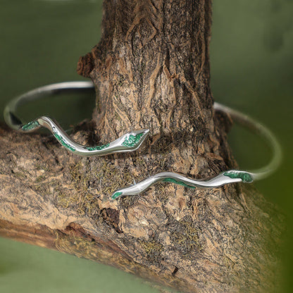 Mythstone 925 Sterling Silver Green Snake Enamel Craft Year Of The Snake Calm Cuff Bracelet Bangle