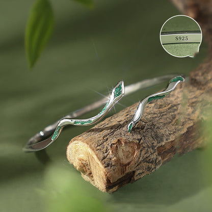 Mythstone 925 Sterling Silver Green Snake Enamel Craft Year Of The Snake Calm Cuff Bracelet Bangle