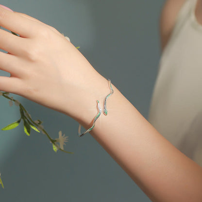 Mythstone 925 Sterling Silver Green Snake Enamel Craft Year Of The Snake Calm Cuff Bracelet Bangle