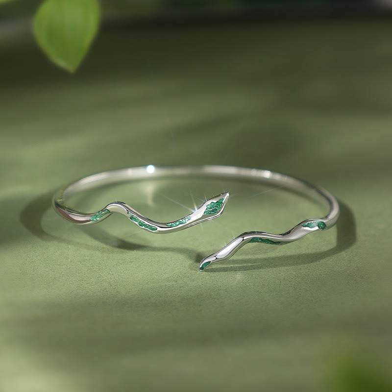 Mythstone 925 Sterling Silver Green Snake Enamel Craft Year Of The Snake Calm Cuff Bracelet Bangle