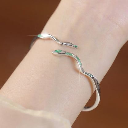 Mythstone 925 Sterling Silver Green Snake Enamel Craft Year Of The Snake Calm Cuff Bracelet Bangle