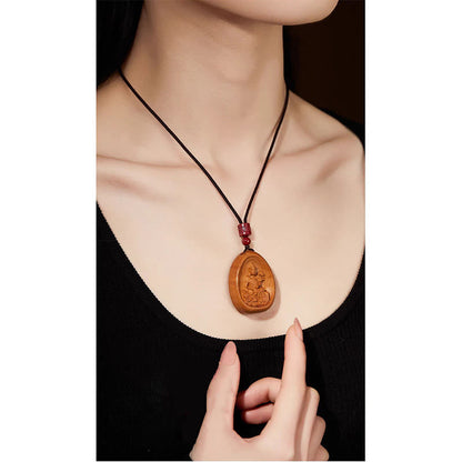 Mythstone Peach Wood Cinnabar Om Mani Padme Hum Chinese Zodiac Black String Necklace Pendants