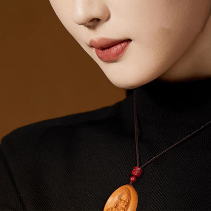 Mythstone Peach Wood Cinnabar Om Mani Padme Hum Chinese Zodiac Black String Necklace Pendants