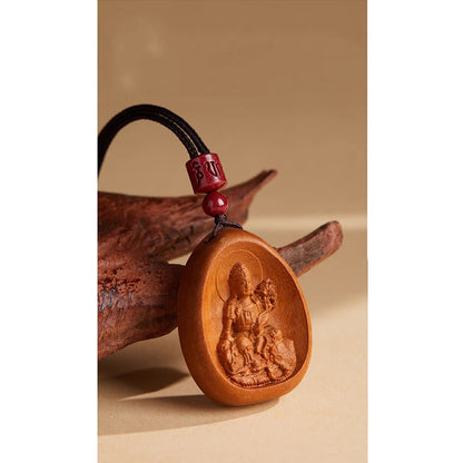 Mythstone Peach Wood Cinnabar Om Mani Padme Hum Chinese Zodiac Black String Necklace Pendants