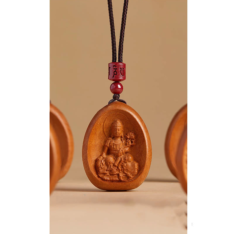 Mythstone Peach Wood Cinnabar Om Mani Padme Hum Chinese Zodiac Black String Necklace Pendants