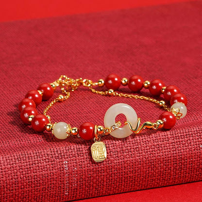 Mythstone Cinnabar Beads 925 Sterling Silver Hetian Jade Peace Buckle Fu Character Year Of Snake Calm Bracelet