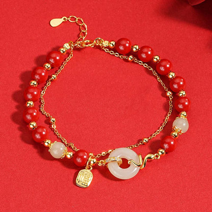 Mythstone Cinnabar Beads 925 Sterling Silver Hetian Jade Peace Buckle Fu Character Year Of Snake Calm Bracelet