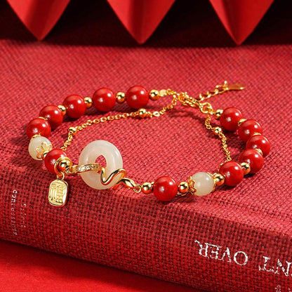 Mythstone Cinnabar Beads 925 Sterling Silver Hetian Jade Peace Buckle Fu Character Year Of Snake Calm Bracelet