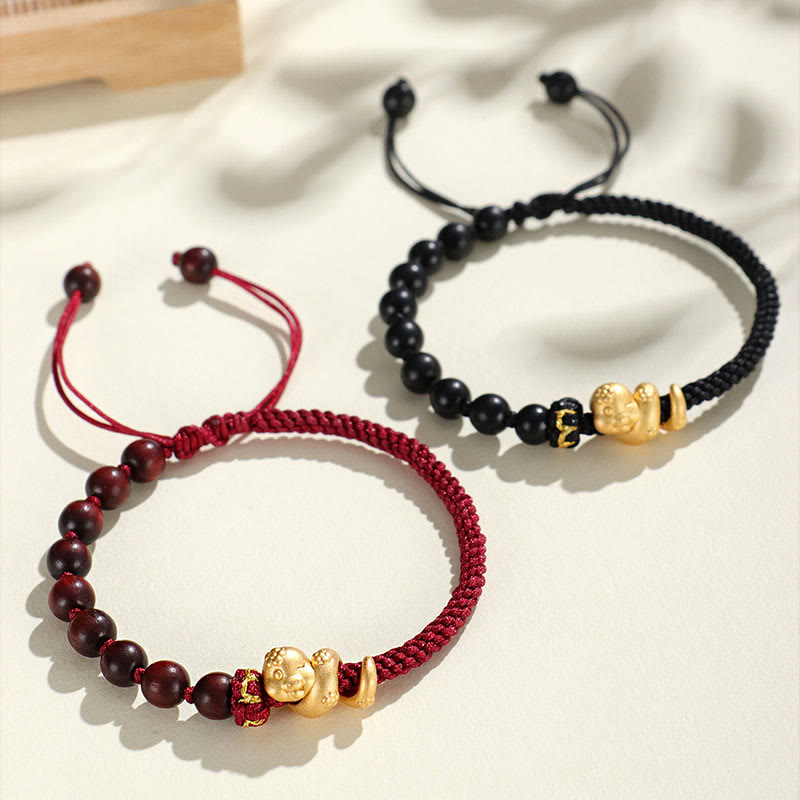 Mythstone Small Leaf Red Sandalwood Ebony Wood Beads 999 Year Of The Snake Cotton Rope Protection Braided Bracelet