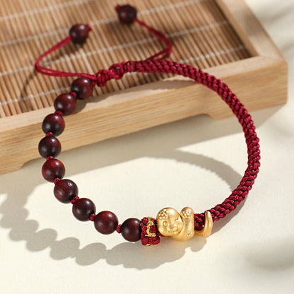 Mythstone Small Leaf Red Sandalwood Ebony Wood Beads 999 Year Of The Snake Cotton Rope Protection Braided Bracelet