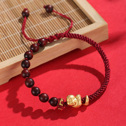 Mythstone Small Leaf Red Sandalwood Ebony Wood Beads 999 Year Of The Snake Cotton Rope Protection Braided Bracelet