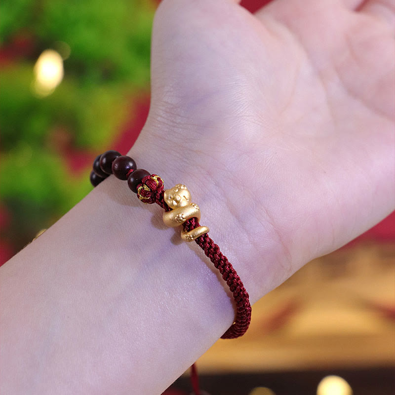 Mythstone Small Leaf Red Sandalwood Ebony Wood Beads 999 Year Of The Snake Cotton Rope Protection Braided Bracelet