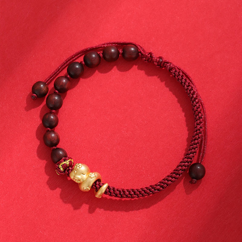 Mythstone Small Leaf Red Sandalwood Ebony Wood Beads 999 Year Of The Snake Cotton Rope Protection Braided Bracelet