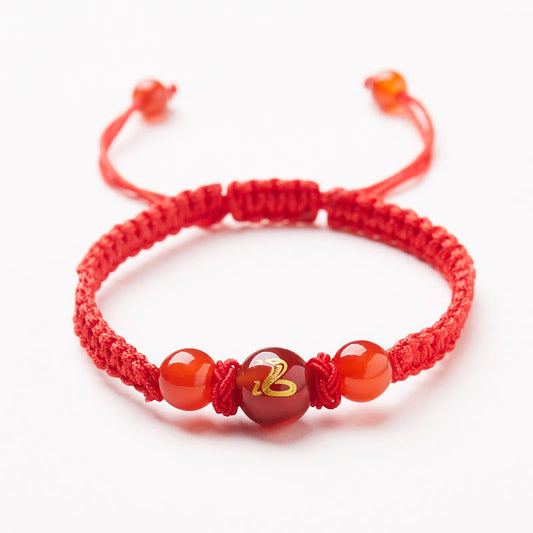 Mythstone Natural Red Agate Chinese Zodiac Red String Braided Protection Luck Bracelet