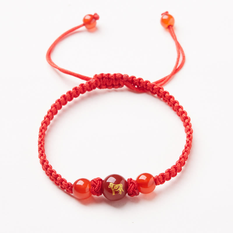 Mythstone Natural Red Agate Chinese Zodiac Red String Braided Protection Luck Bracelet