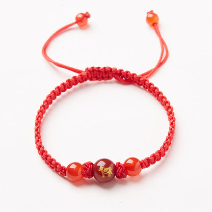 Mythstone Natural Red Agate Chinese Zodiac Red String Braided Protection Luck Bracelet