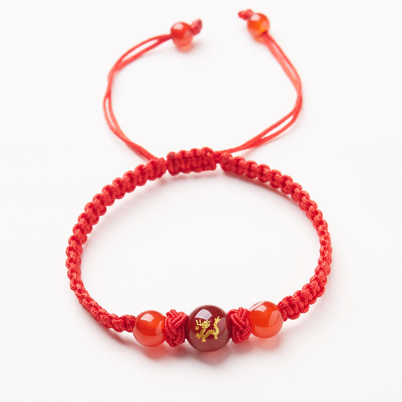 Mythstone Natural Red Agate Chinese Zodiac Red String Braided Protection Luck Bracelet