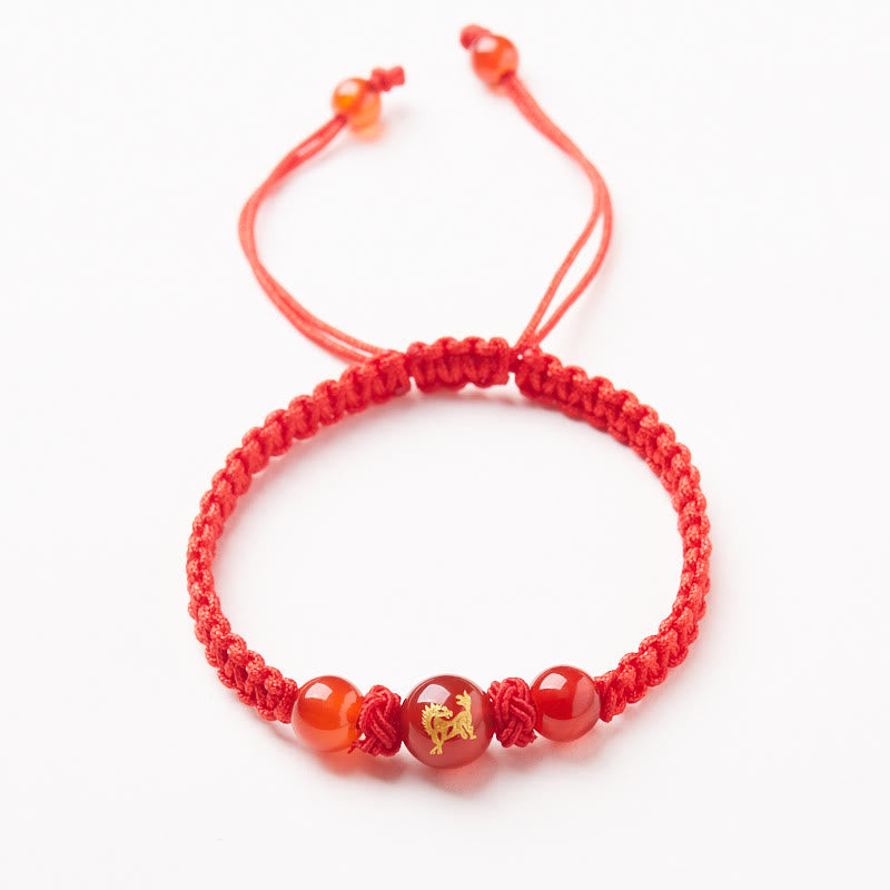 Mythstone Natural Red Agate Chinese Zodiac Red String Braided Protection Luck Bracelet