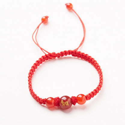 Mythstone Natural Red Agate Chinese Zodiac Red String Braided Protection Luck Bracelet