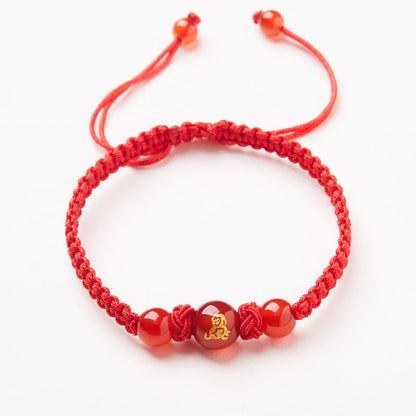 Mythstone Natural Red Agate Chinese Zodiac Red String Braided Protection Luck Bracelet