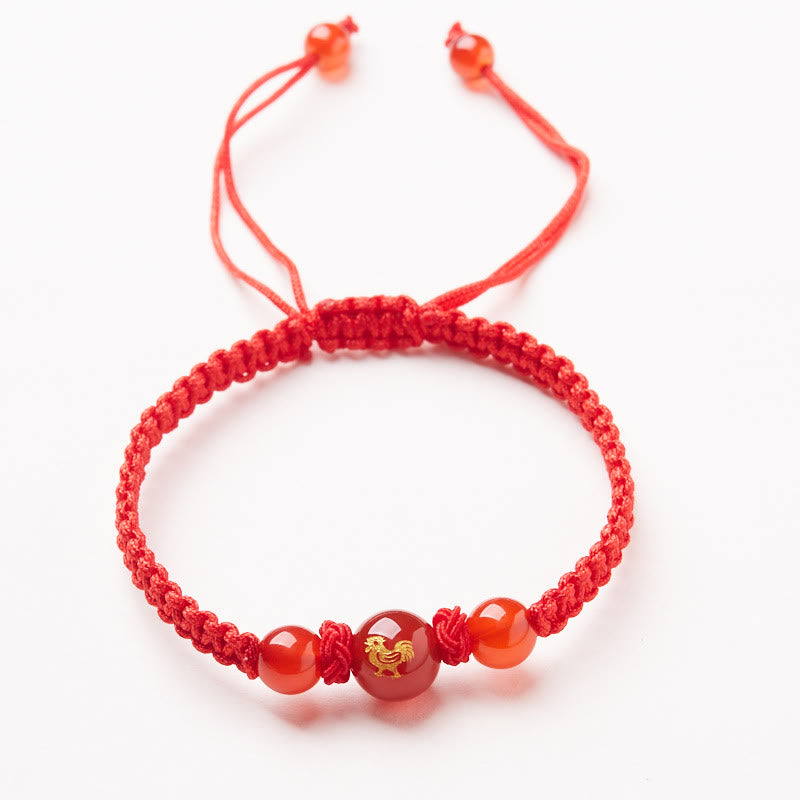 Mythstone Natural Red Agate Chinese Zodiac Red String Braided Protection Luck Bracelet