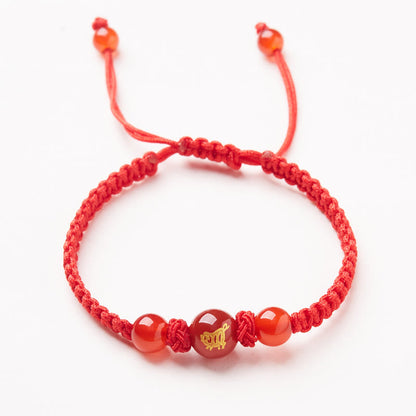 Mythstone Natural Red Agate Chinese Zodiac Red String Braided Protection Luck Bracelet