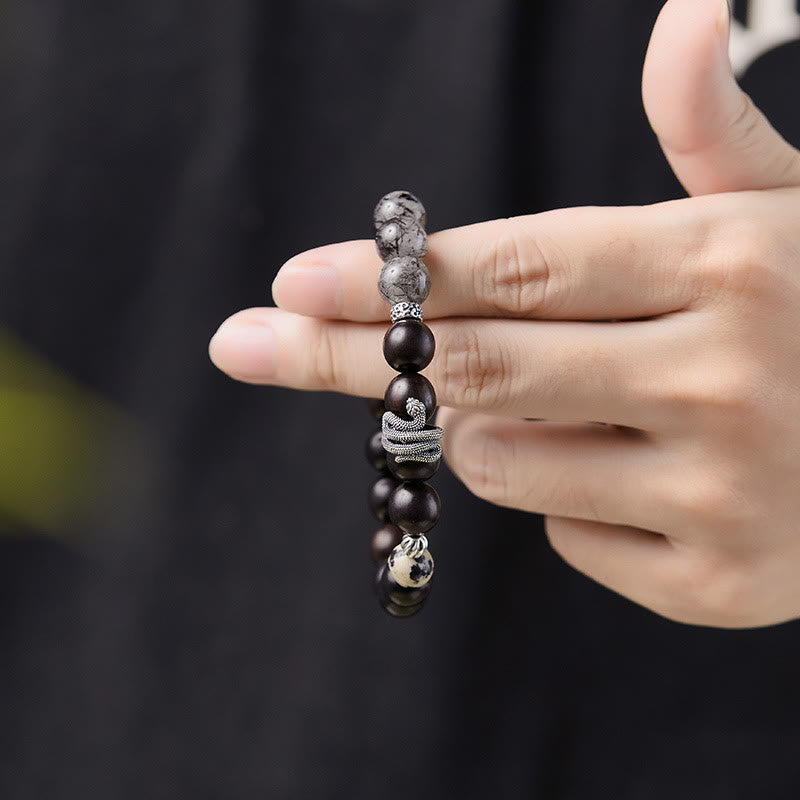 Mythstone Ebony Wood Black Rutilated Quartz 925 Sterling Silver Year Of The Snake Balance Bracelet