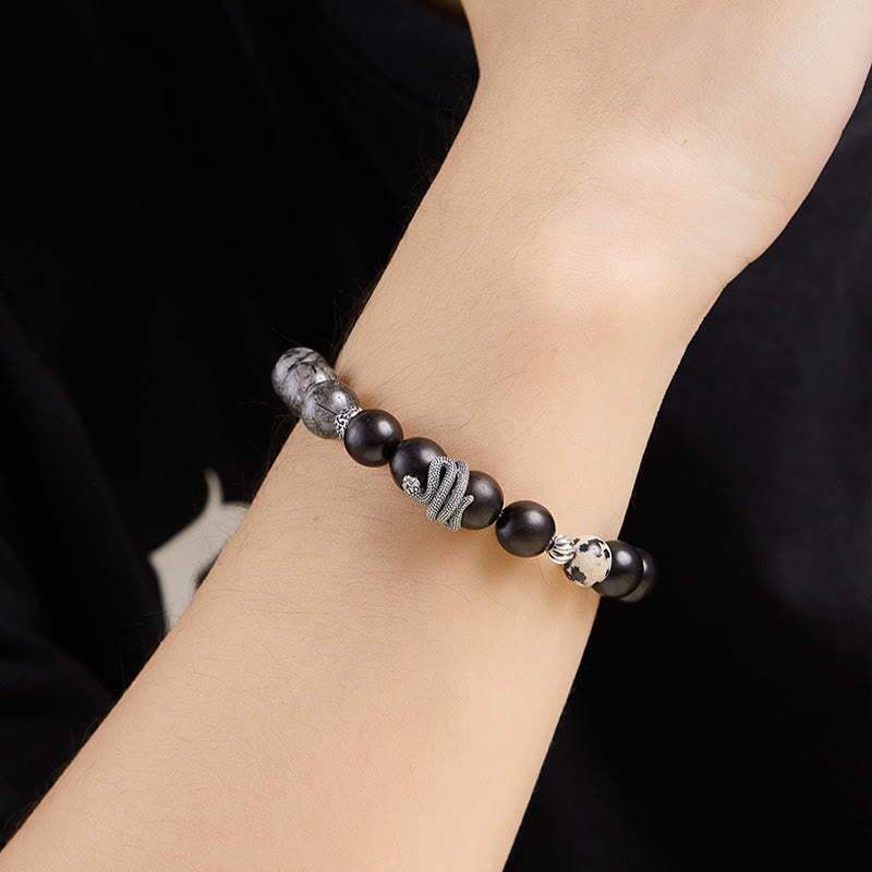 Mythstone Ebony Wood Black Rutilated Quartz 925 Sterling Silver Year Of The Snake Balance Bracelet